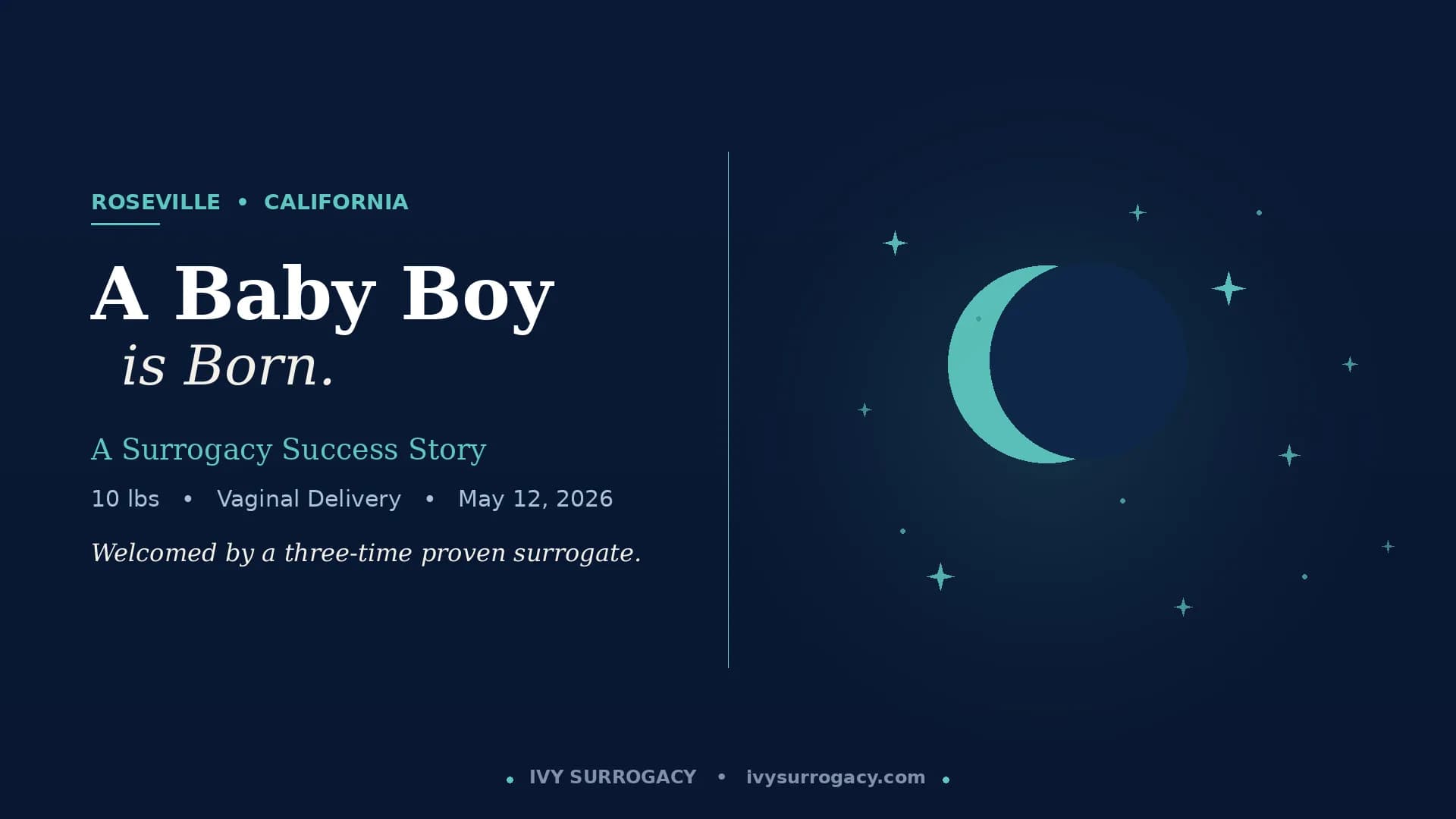 Birth announcement card for a baby boy born in Roseville, California on May 12, 2026, featuring a deep navy background with a teal crescent moon and stars motif, marking a successful surrogacy journey with Ivy Surrogacy.