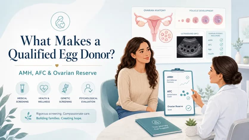 **Alt text:** Fertility doctor explaining AMH, AFC, and ovarian reserve screening to a prospective egg donor in a modern IVF clinic, with ovarian anatomy, follicle development, ultrasound, and donor qualification indicators shown in the background.