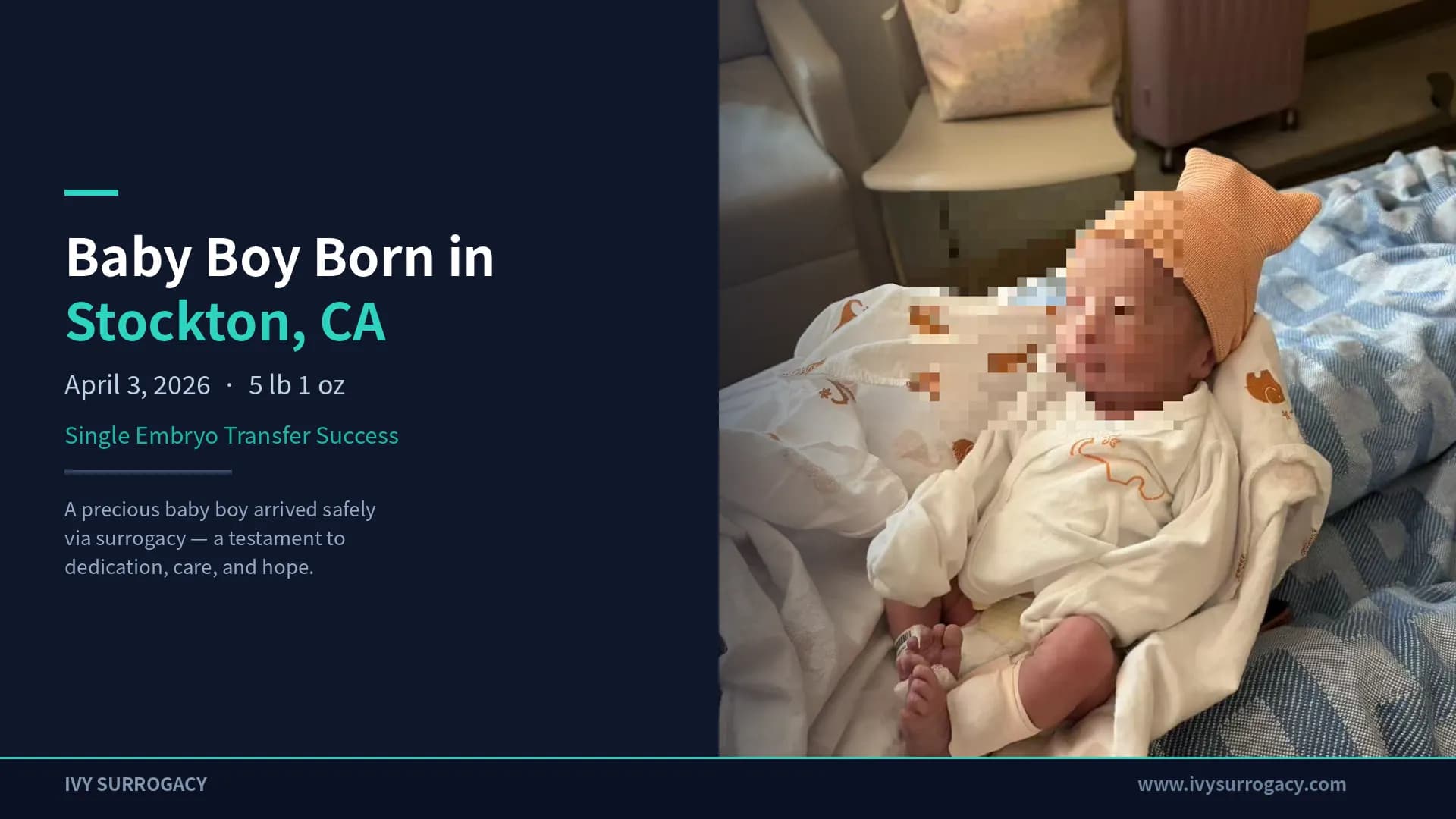 Newborn baby boy in an orange knit hat resting on a hospital bed in Stockton, California — born April 3, 2026 via surrogacy with Ivy Surrogacy after a single embryo transfer.