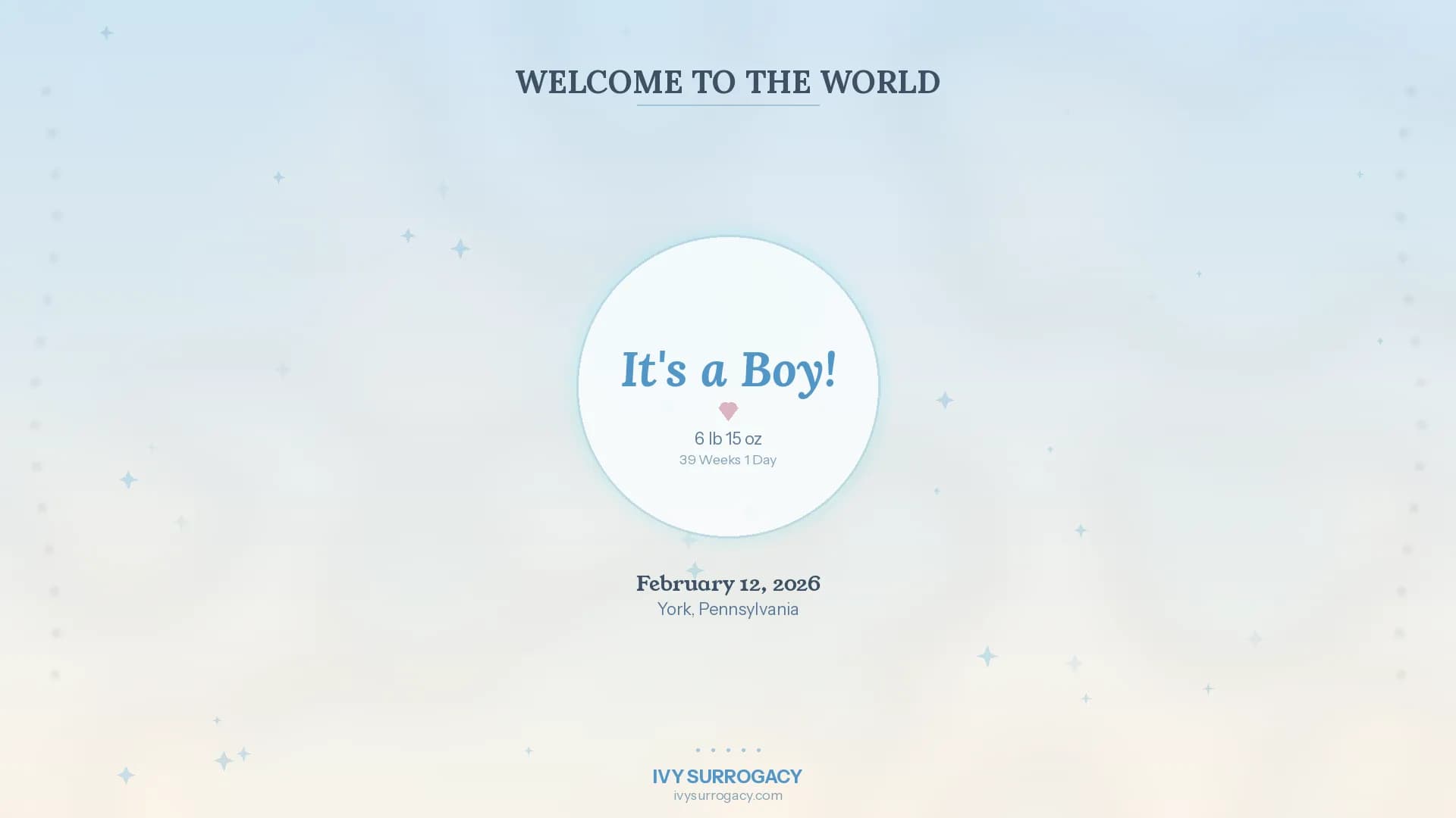 Baby boy born via surrogacy on February 12, 2026, in York, Pennsylvania — 6 lb 15 oz, 39 weeks 1 day, welcomed by Ivy Surrogacy
