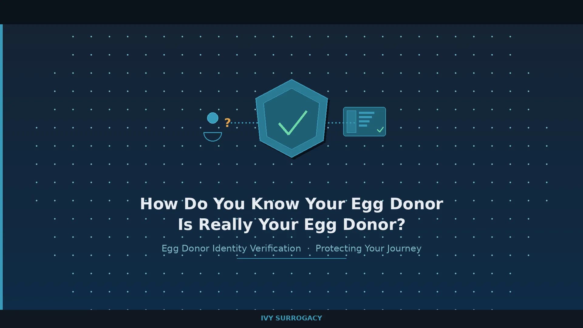 Featured image for "How Do You Know Your Egg Donor Is Really Your Egg Donor?" — a verification shield icon with a checkmark flanked by a donor silhouette with a question mark and an ID card, illustrating the egg donor identity verification process in the United States.